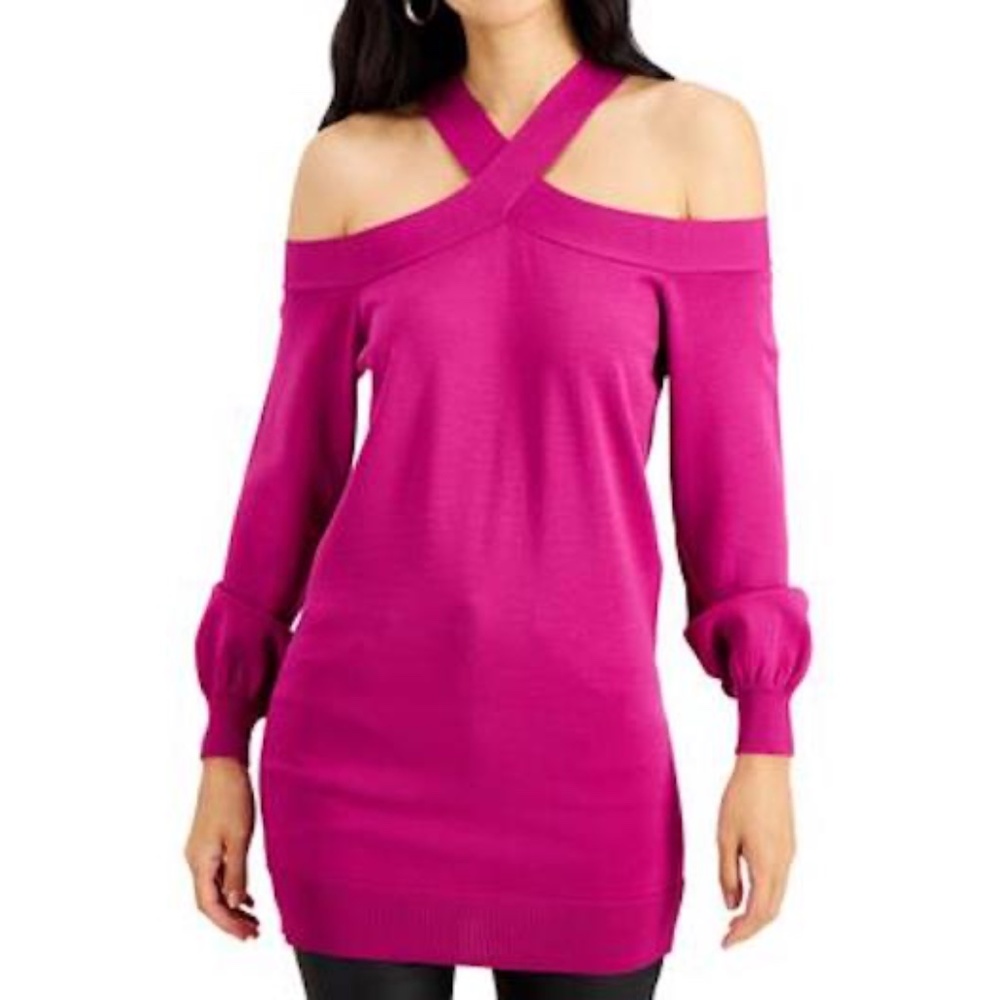 INC International Concepts Womens Large Cold Shoulder Tunic Sweater Fuchsia Pink